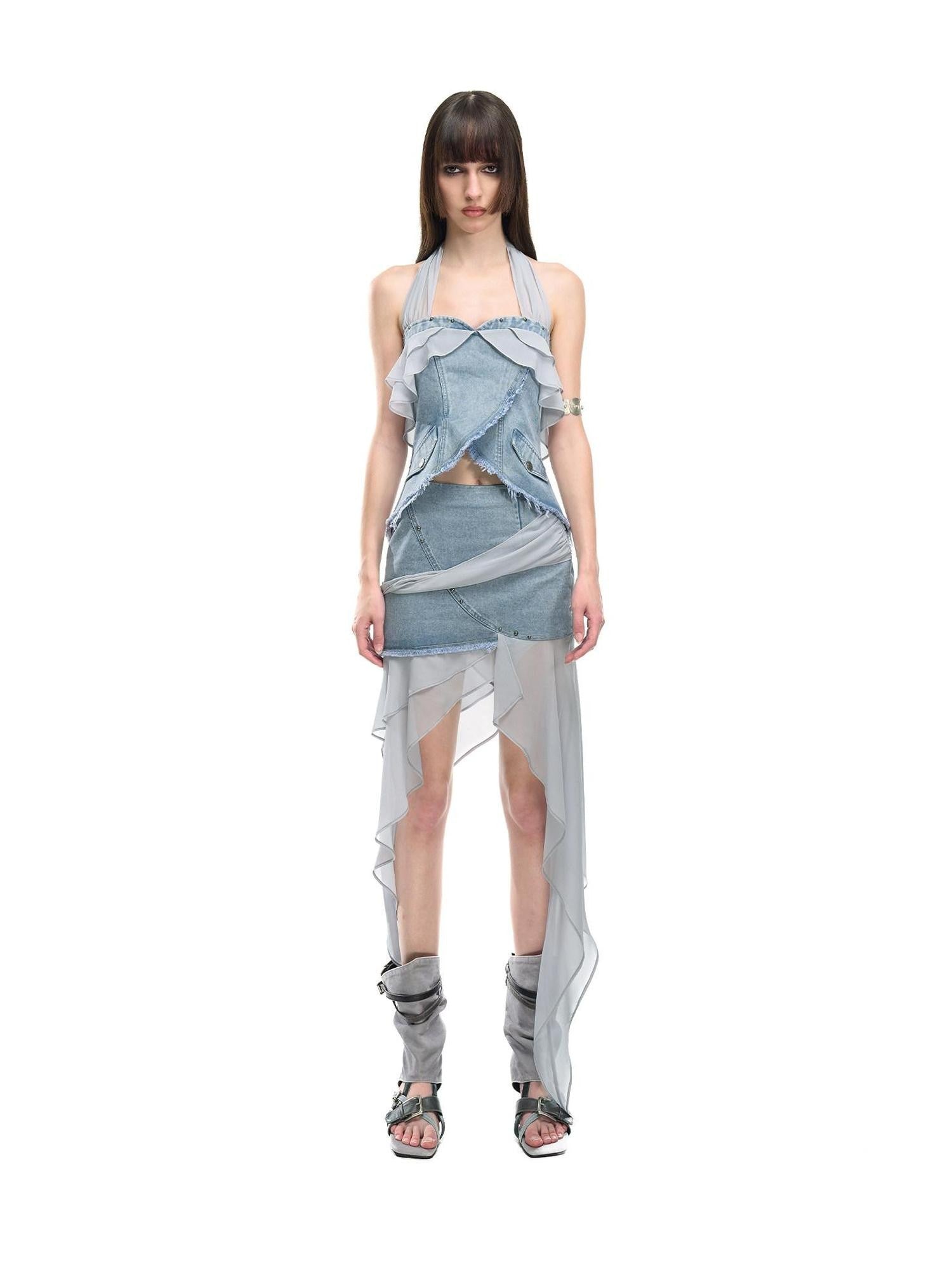 NORTH NODE Chiffon Splice Ruffle Frayed Cropped Women&