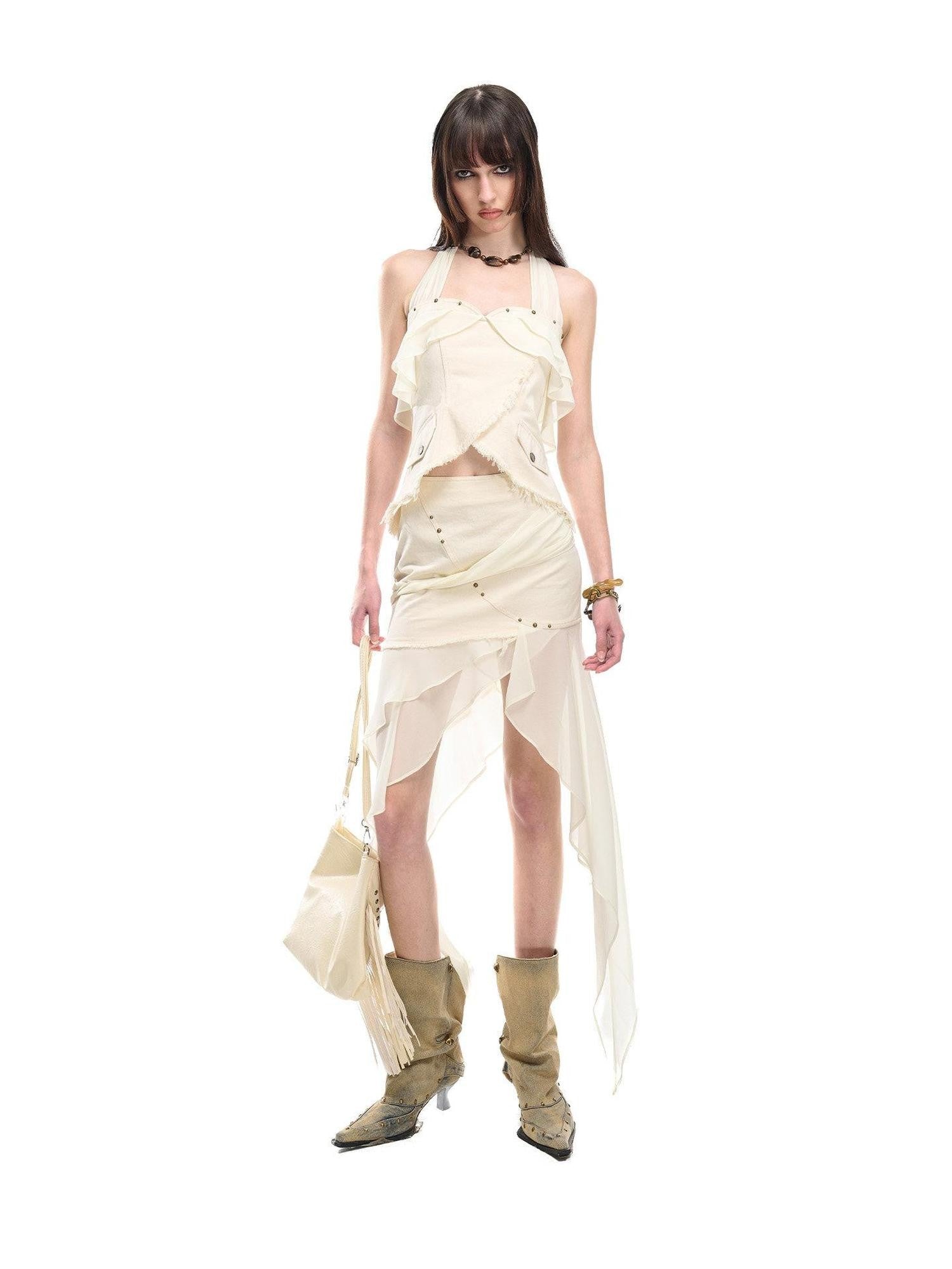 NORTH NODE Chiffon Splice Ruffle Frayed Cropped Women&