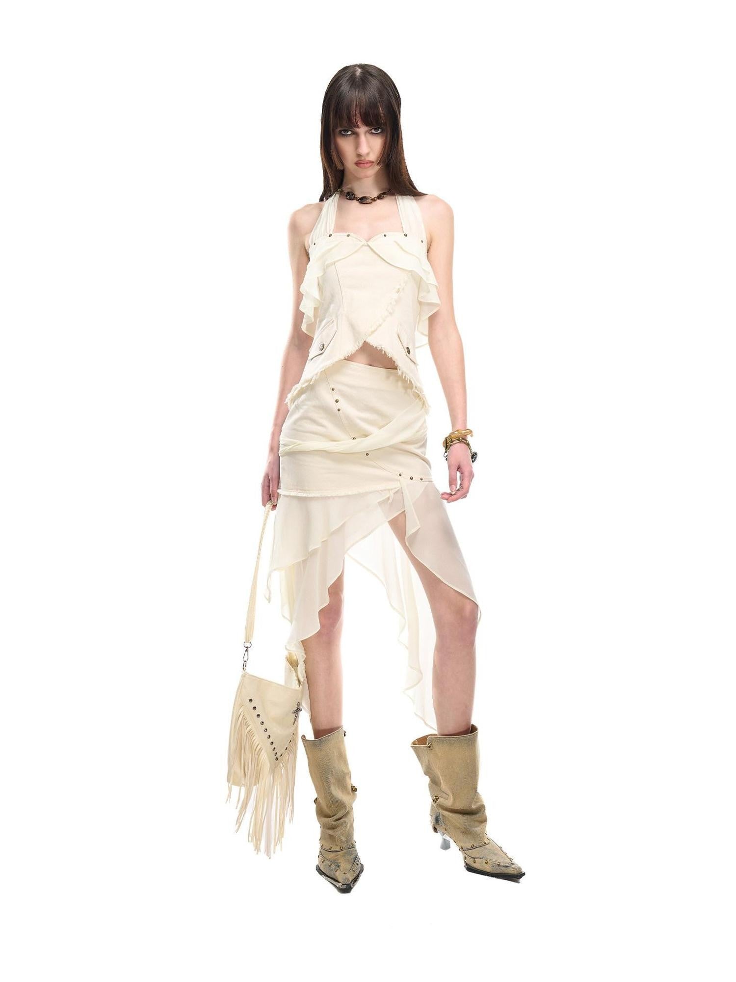 NORTH NODE Chiffon Splice Ruffle Frayed Cropped Women&