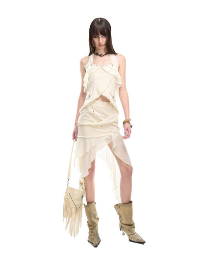NORTH NODE Chiffon Splice Ruffle Frayed Cropped Women&