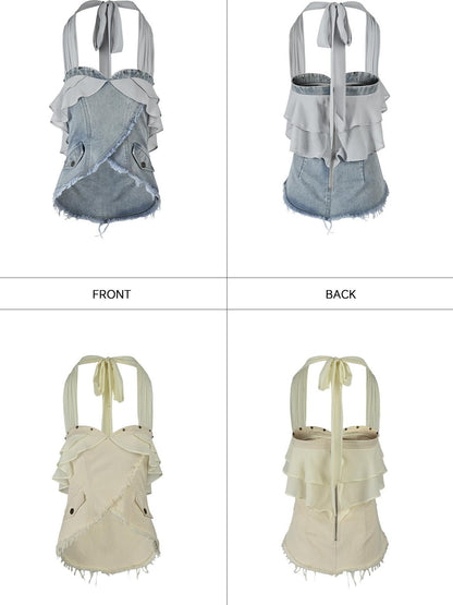NORTH NODE Chiffon Splice Ruffle Frayed Cropped Women&