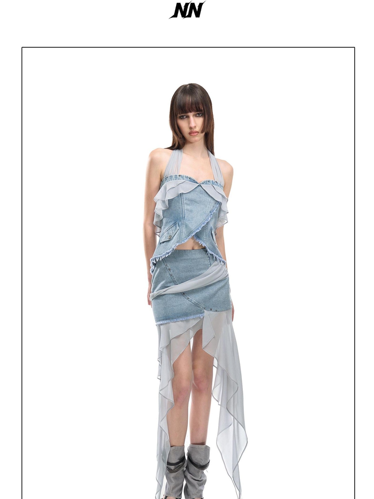 NORTH NODE Chiffon Splice Ruffle Frayed Cropped Women&