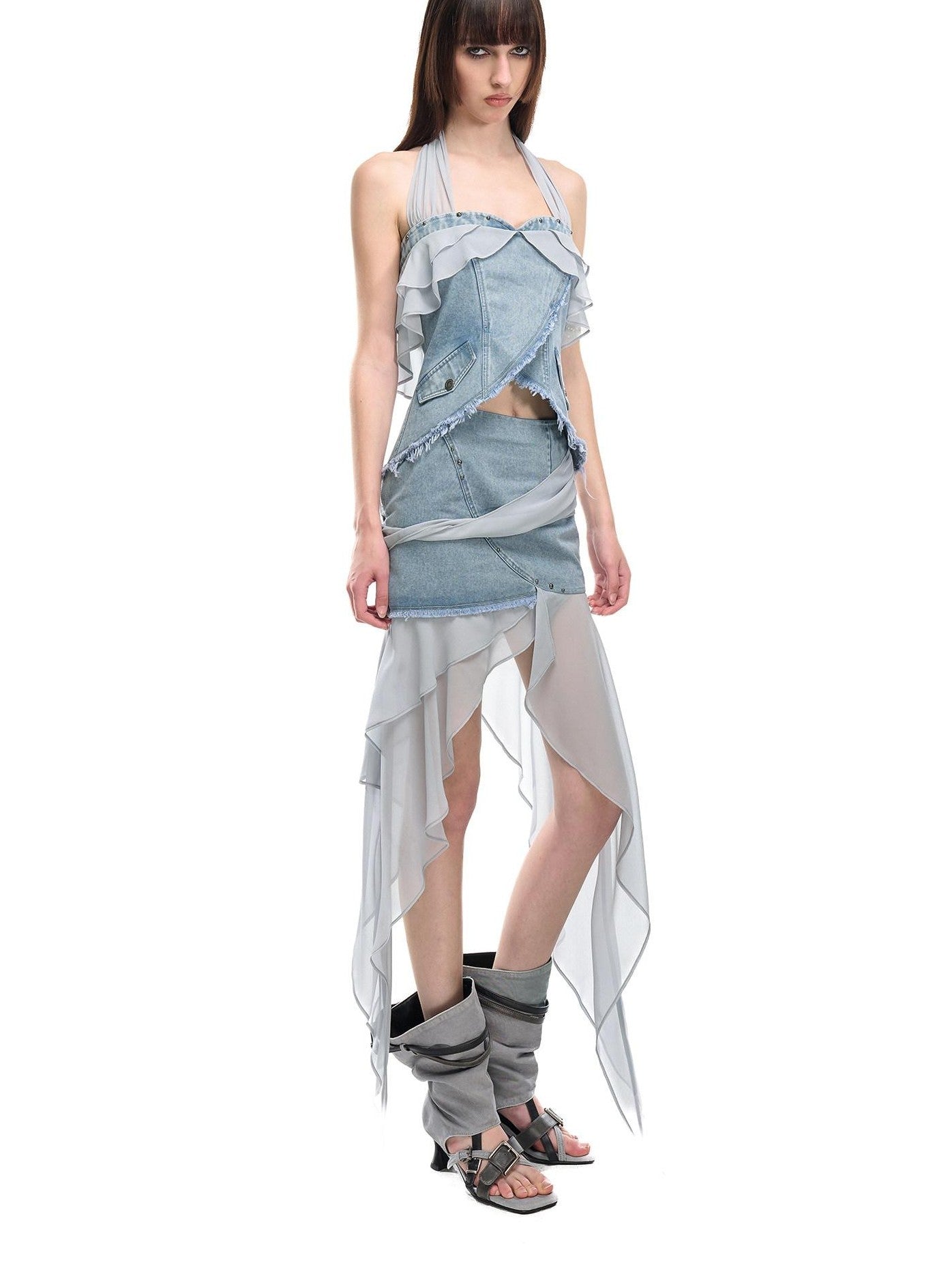 NORTH NODE Chiffon Splice Ruffle Frayed Cropped Women&