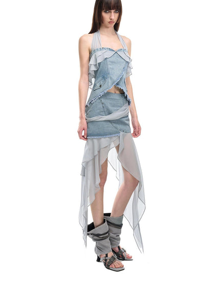 NORTH NODE Chiffon Splice Ruffle Frayed Cropped Women&