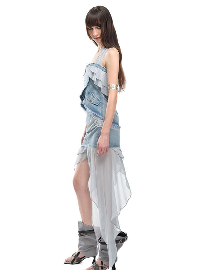 NORTH NODE Chiffon Splice Ruffle Frayed Cropped Women&