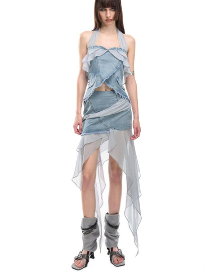 NORTH NODE Chiffon Splice Ruffle Frayed Cropped Women&