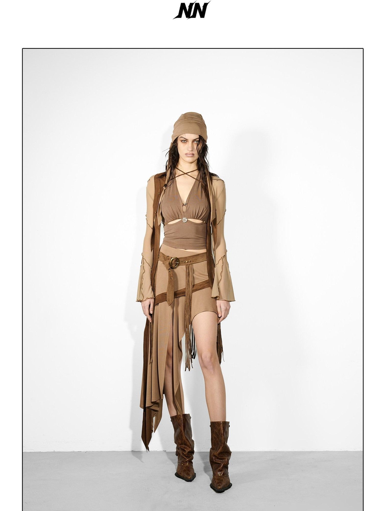 NORTH NODE Cicada Wing Asymmetrical Mesh Patchwork Women&