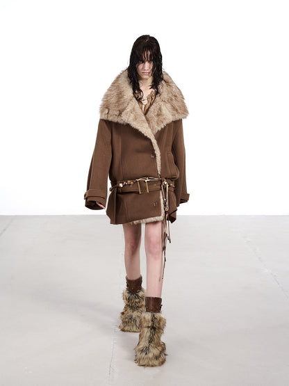 NORTH NODE Coffee Fur Lined Notched Collar Single Breasted Women&
