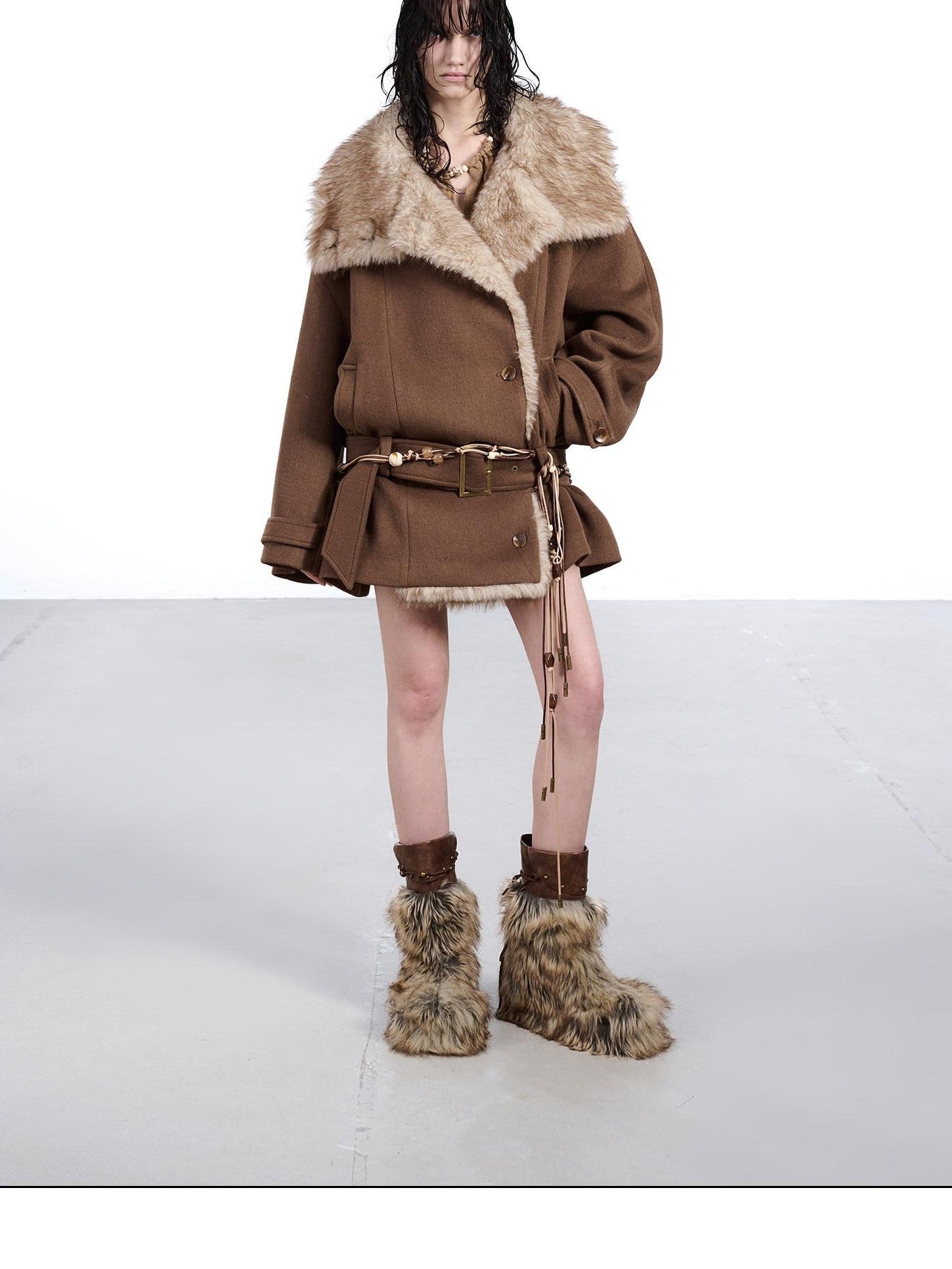 NORTH NODE Coffee Fur Lined Notched Collar Single Breasted Women&