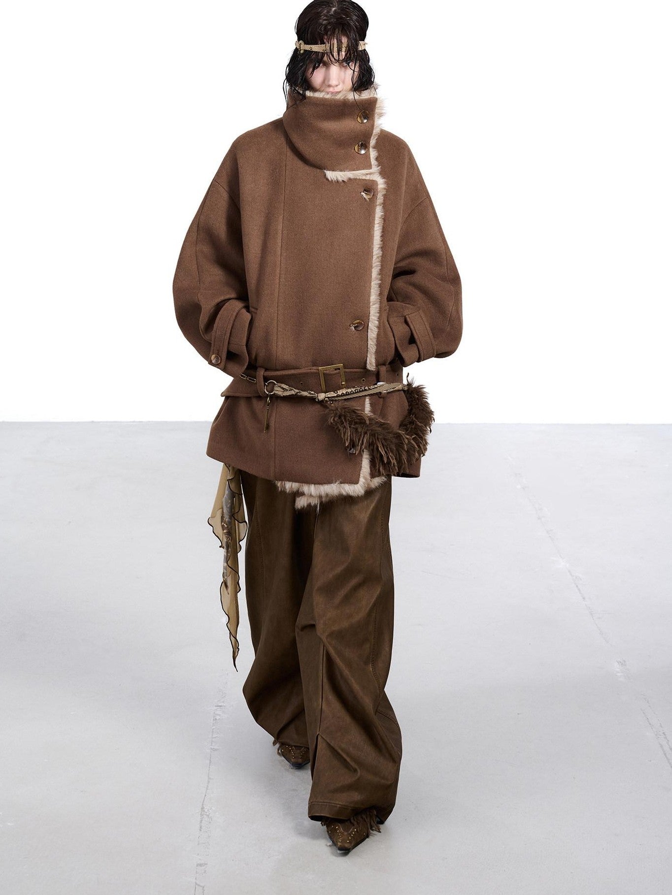 NORTH NODE Coffee Fur Lined Notched Collar Single Breasted Women&
