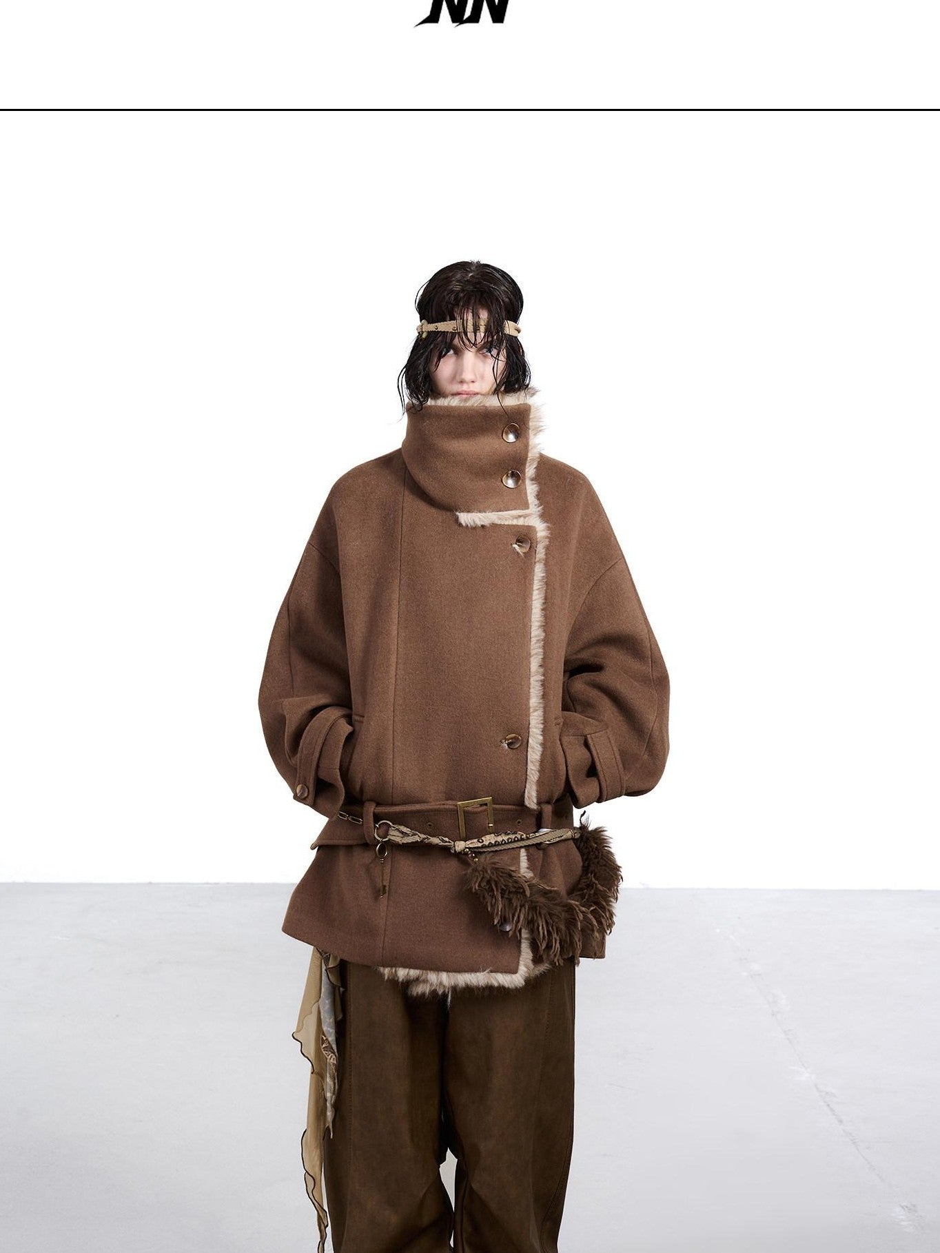 NORTH NODE Coffee Fur Lined Notched Collar Single Breasted Women&