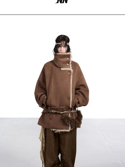NORTH NODE Coffee Fur Lined Notched Collar Single Breasted Women&