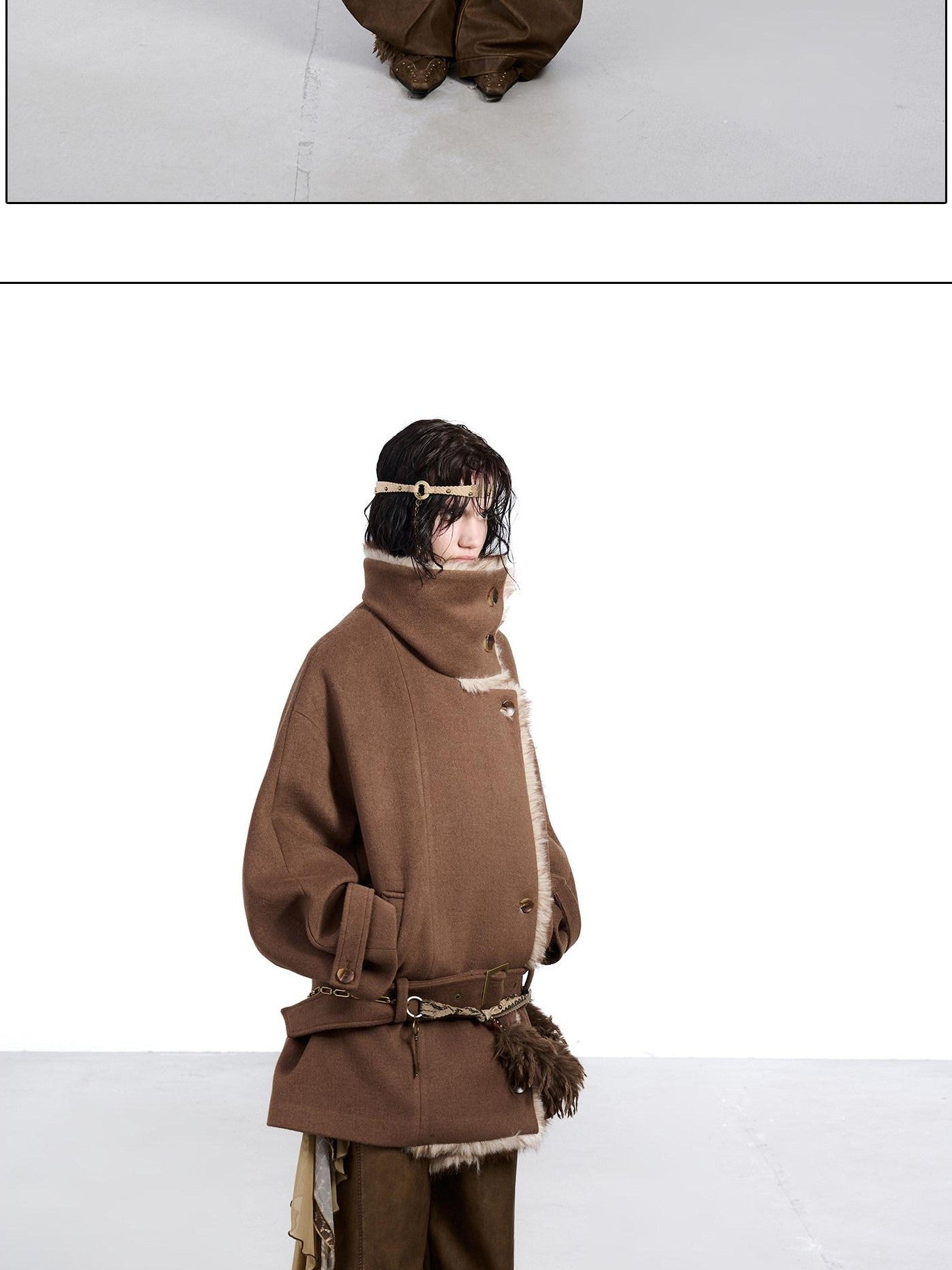 NORTH NODE Coffee Fur Lined Notched Collar Single Breasted Women&