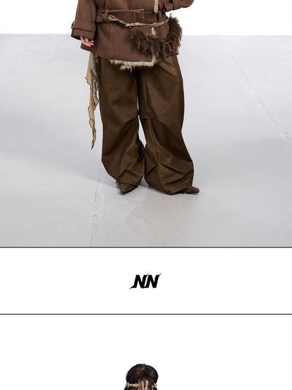 NORTH NODE Coffee Fur Lined Notched Collar Single Breasted Women&
