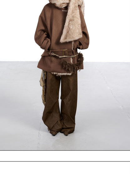 NORTH NODE Coffee Fur Lined Notched Collar Single Breasted Women&