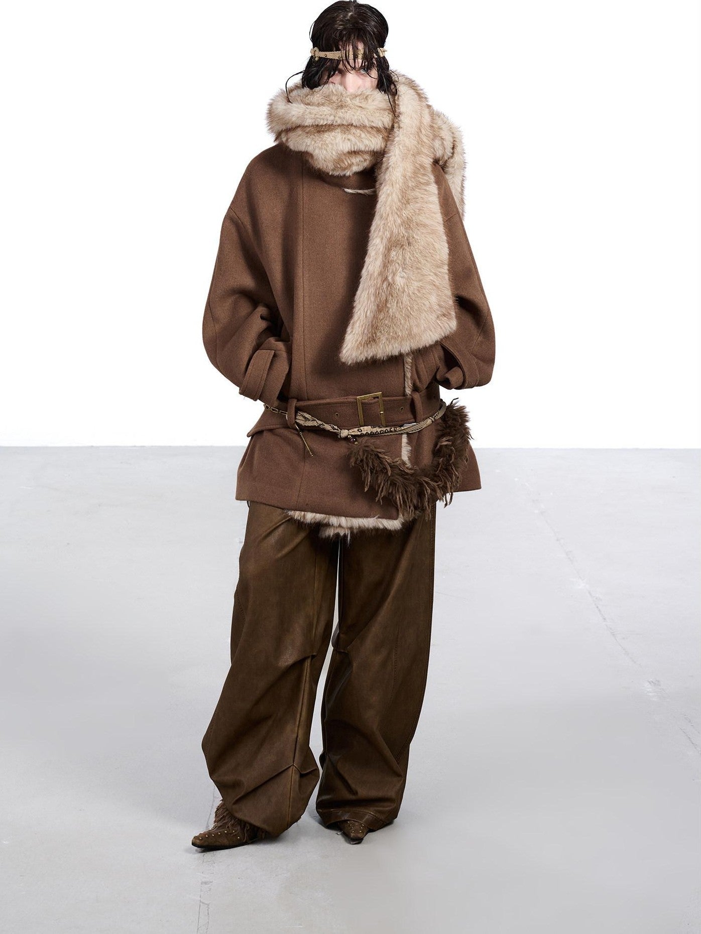 NORTH NODE Coffee Fur Lined Notched Collar Single Breasted Women&