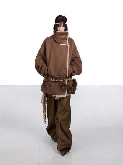 NORTH NODE Coffee Fur Lined Notched Collar Single Breasted Women&