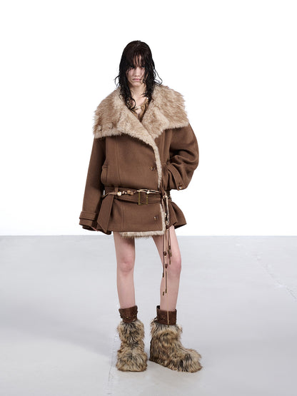 NORTH NODE Coffee Fur Lined Notched Collar Single Breasted Women&