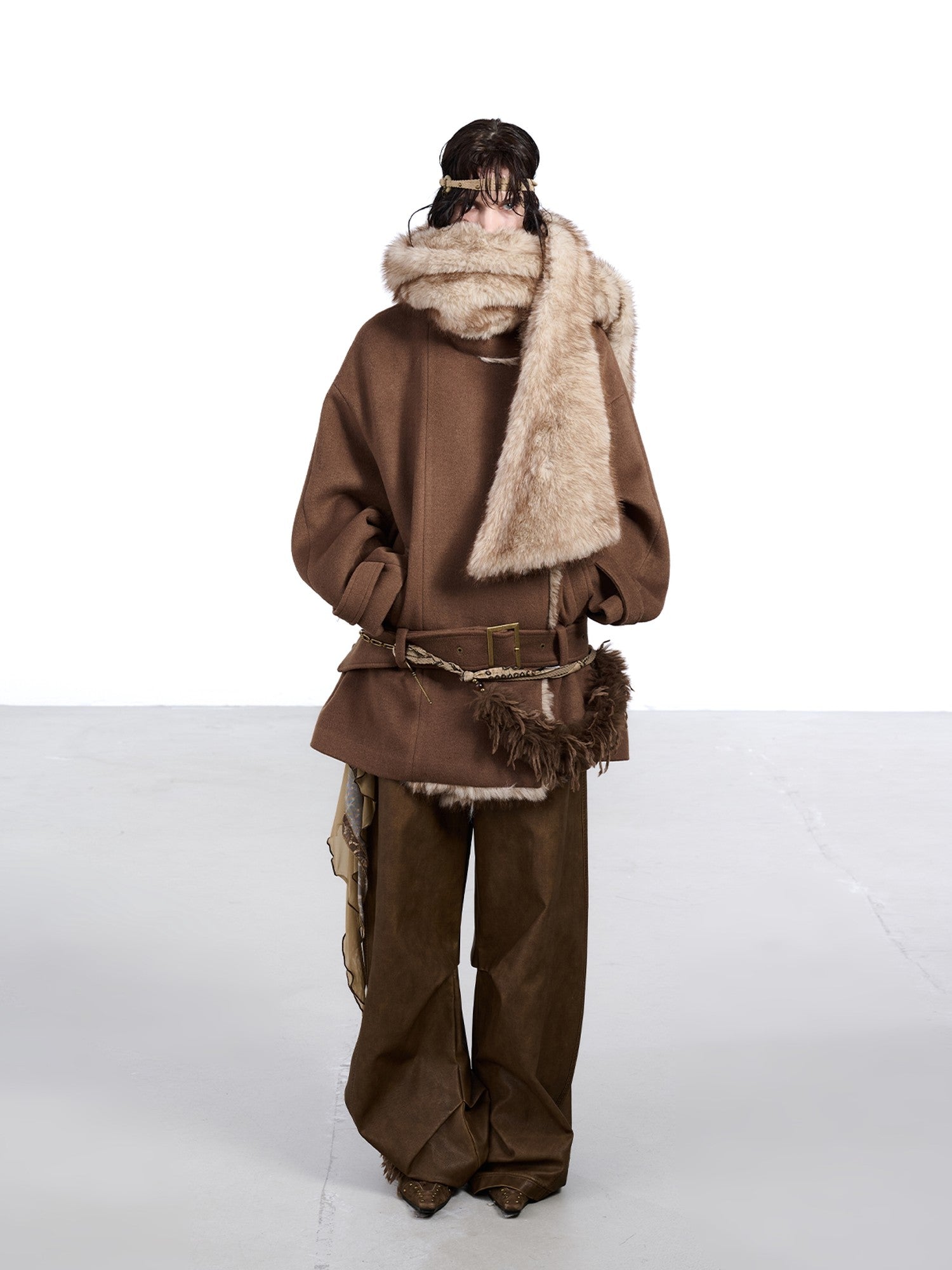 NORTH NODE Coffee Fur Lined Notched Collar Single Breasted Women&