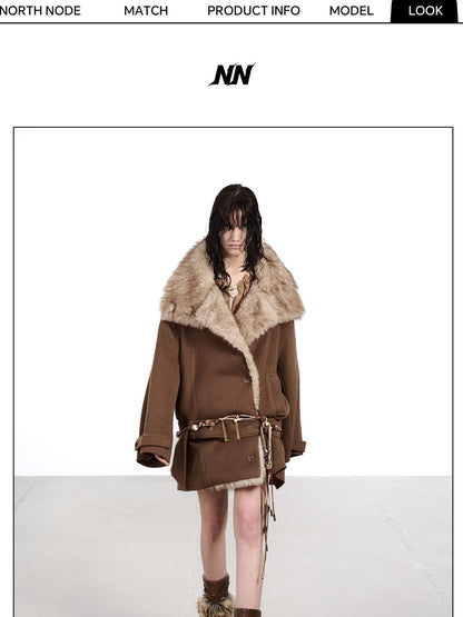 NORTH NODE Coffee Fur Lined Notched Collar Single Breasted Women&