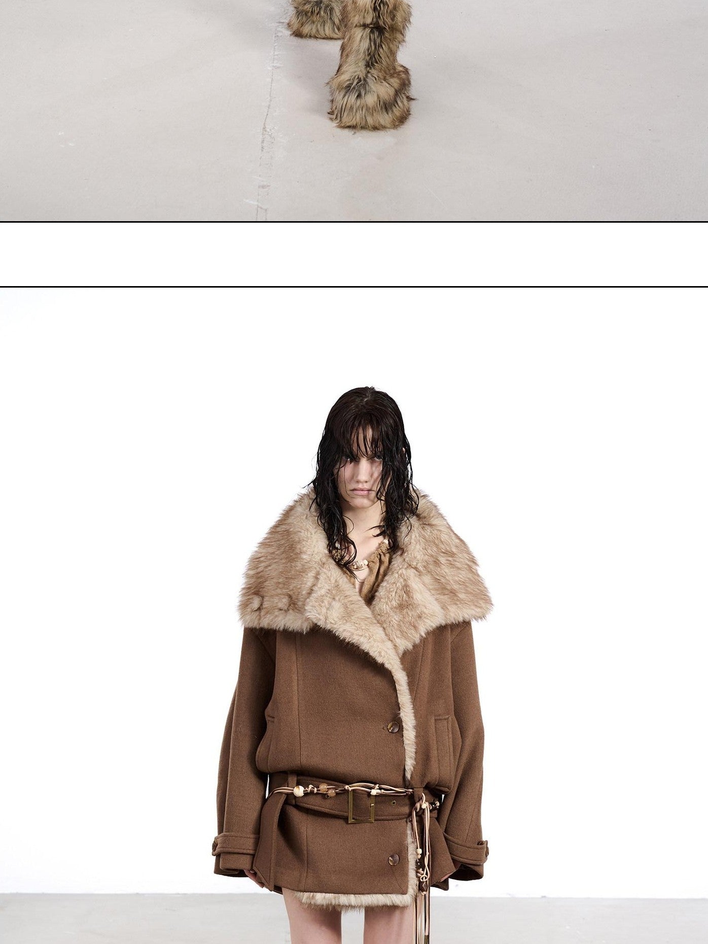 NORTH NODE Coffee Fur Lined Notched Collar Single Breasted Women&