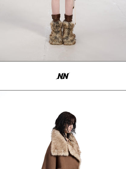 NORTH NODE Coffee Fur Lined Notched Collar Single Breasted Women&
