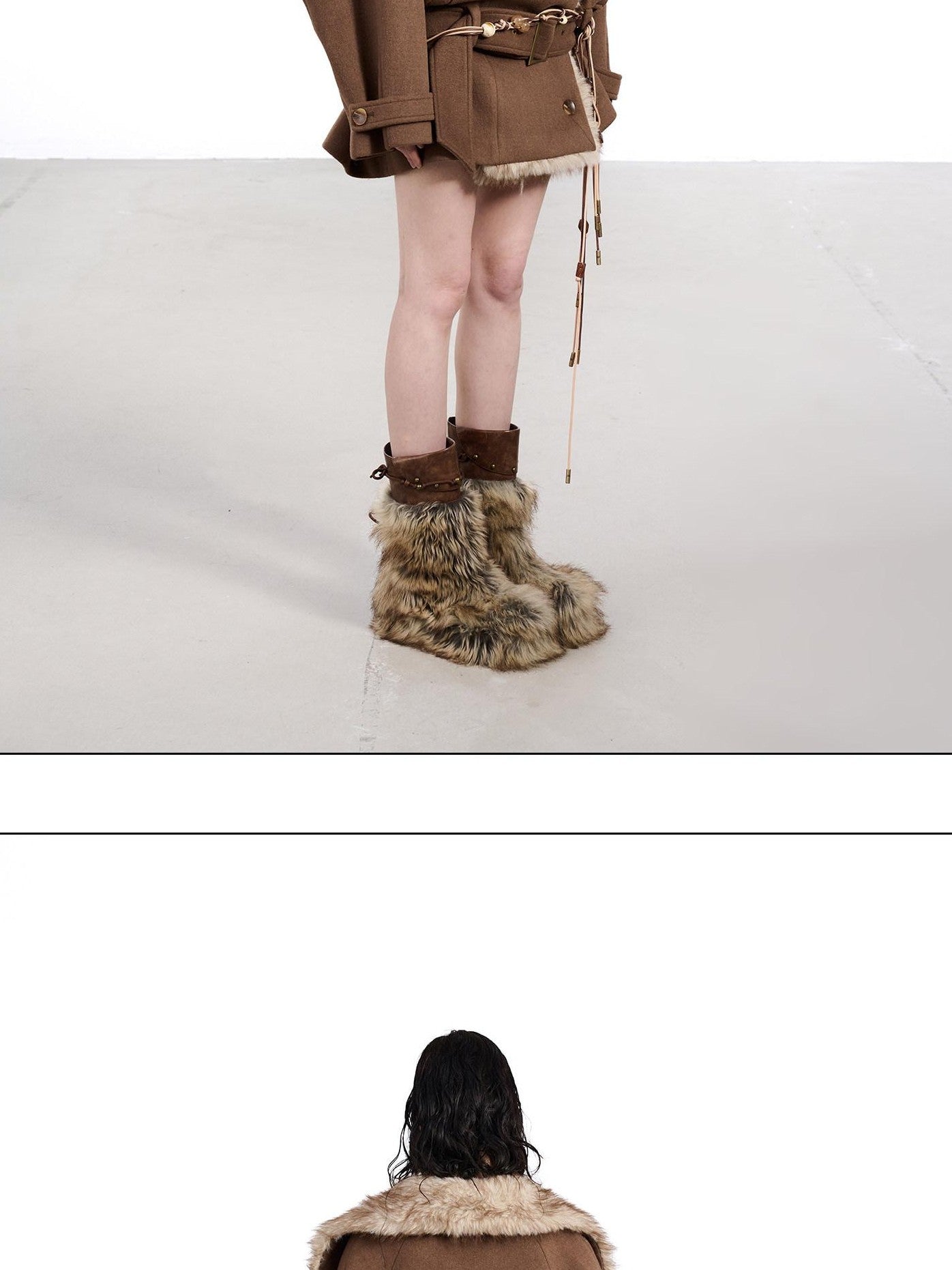 NORTH NODE Coffee Fur Lined Notched Collar Single Breasted Women&