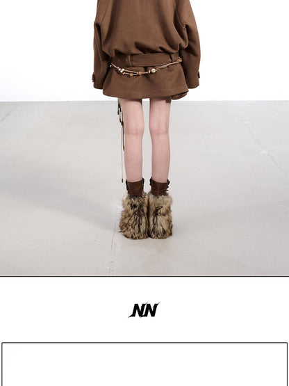 NORTH NODE Coffee Fur Lined Notched Collar Single Breasted Women&