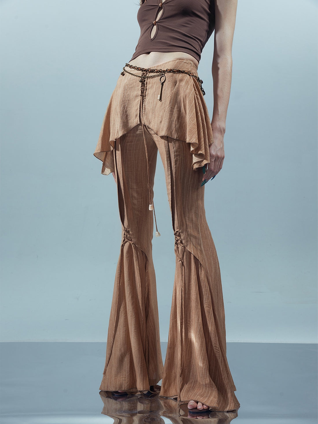 NORTH NODE Coffee Lace Tie Crotch Flap Slim Micro Flare Women&