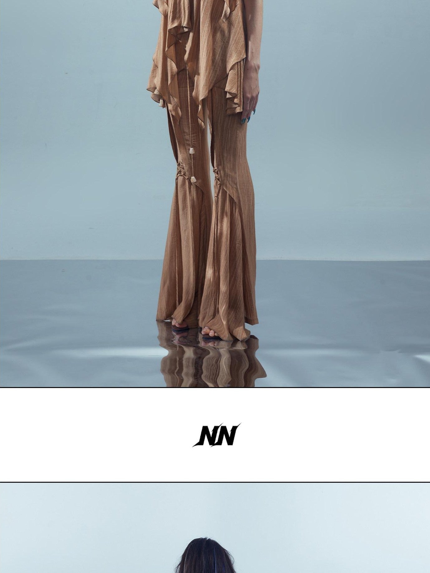 NORTH NODE Coffee Lace Tie Crotch Flap Slim Micro Flare Women&