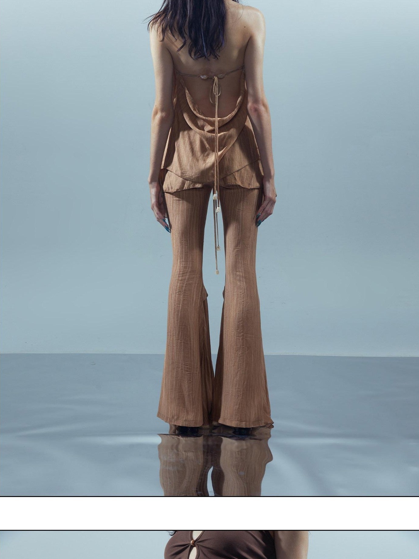 NORTH NODE Coffee Lace Tie Crotch Flap Slim Micro Flare Women&