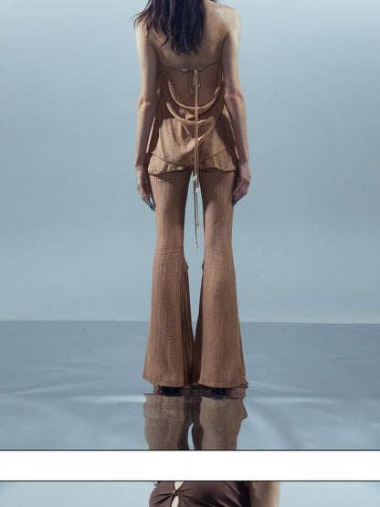 NORTH NODE Coffee Lace Tie Crotch Flap Slim Micro Flare Women&