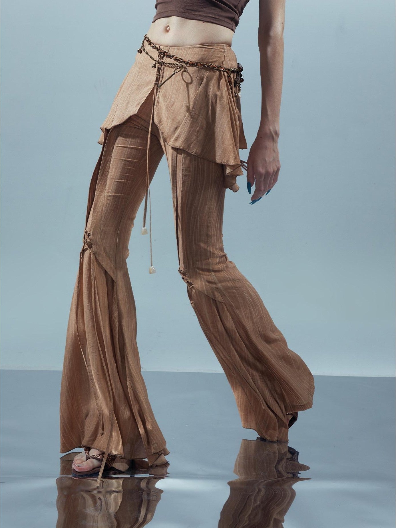 NORTH NODE Coffee Lace Tie Crotch Flap Slim Micro Flare Women&