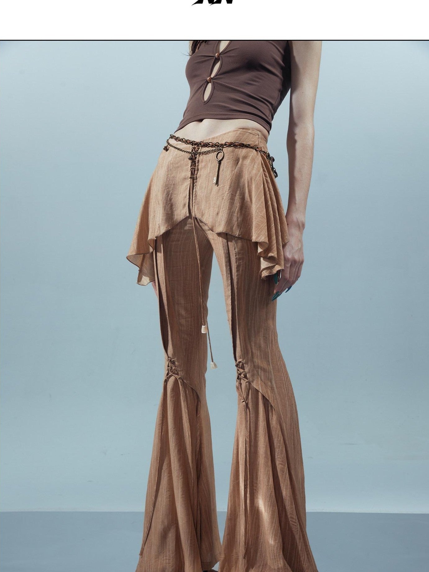 NORTH NODE Coffee Lace Tie Crotch Flap Slim Micro Flare Women&