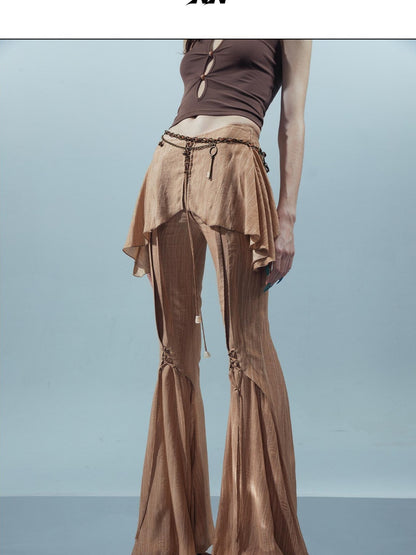 NORTH NODE Coffee Lace Tie Crotch Flap Slim Micro Flare Women&