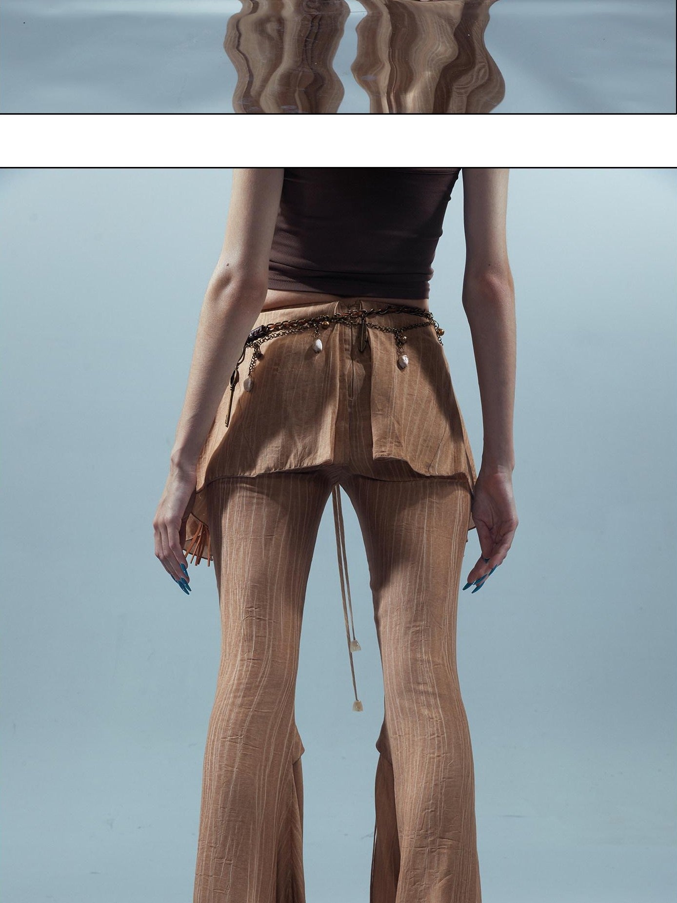NORTH NODE Coffee Lace Tie Crotch Flap Slim Micro Flare Women&