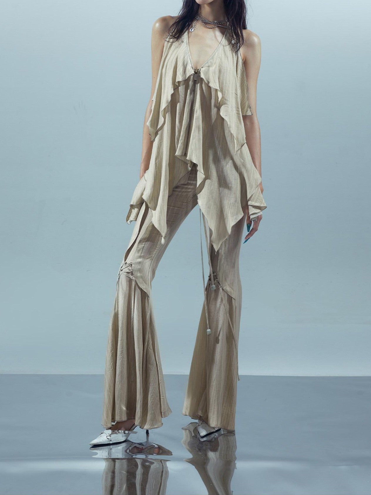 NORTH NODE Coffee Lace Tie Crotch Flap Slim Micro Flare Women&