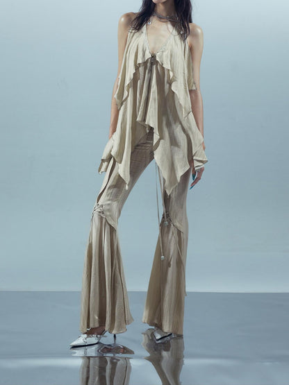 NORTH NODE Coffee Lace Tie Crotch Flap Slim Micro Flare Women&