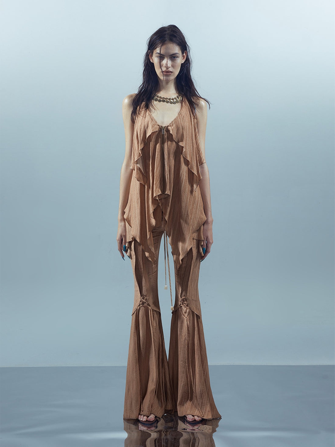 NORTH NODE Coffee Lace Tie Crotch Flap Slim Micro Flare Women&