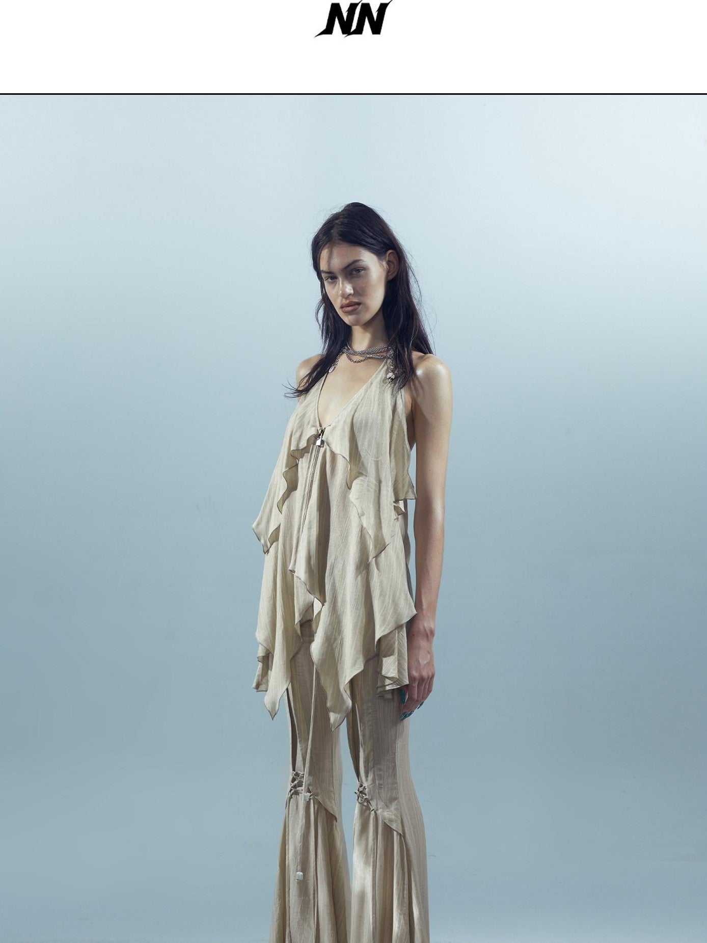 NORTH NODE Coffee Lace Tie Crotch Flap Slim Micro Flare Women&