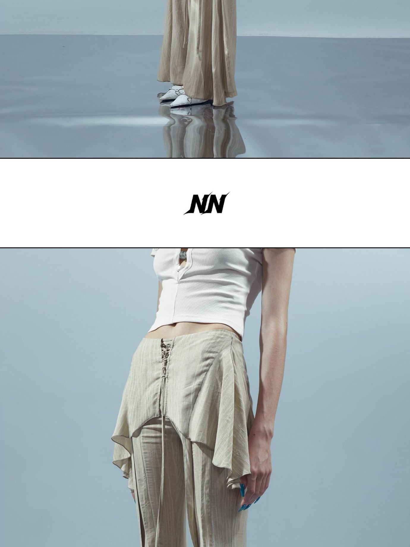 NORTH NODE Coffee Lace Tie Crotch Flap Slim Micro Flare Women&