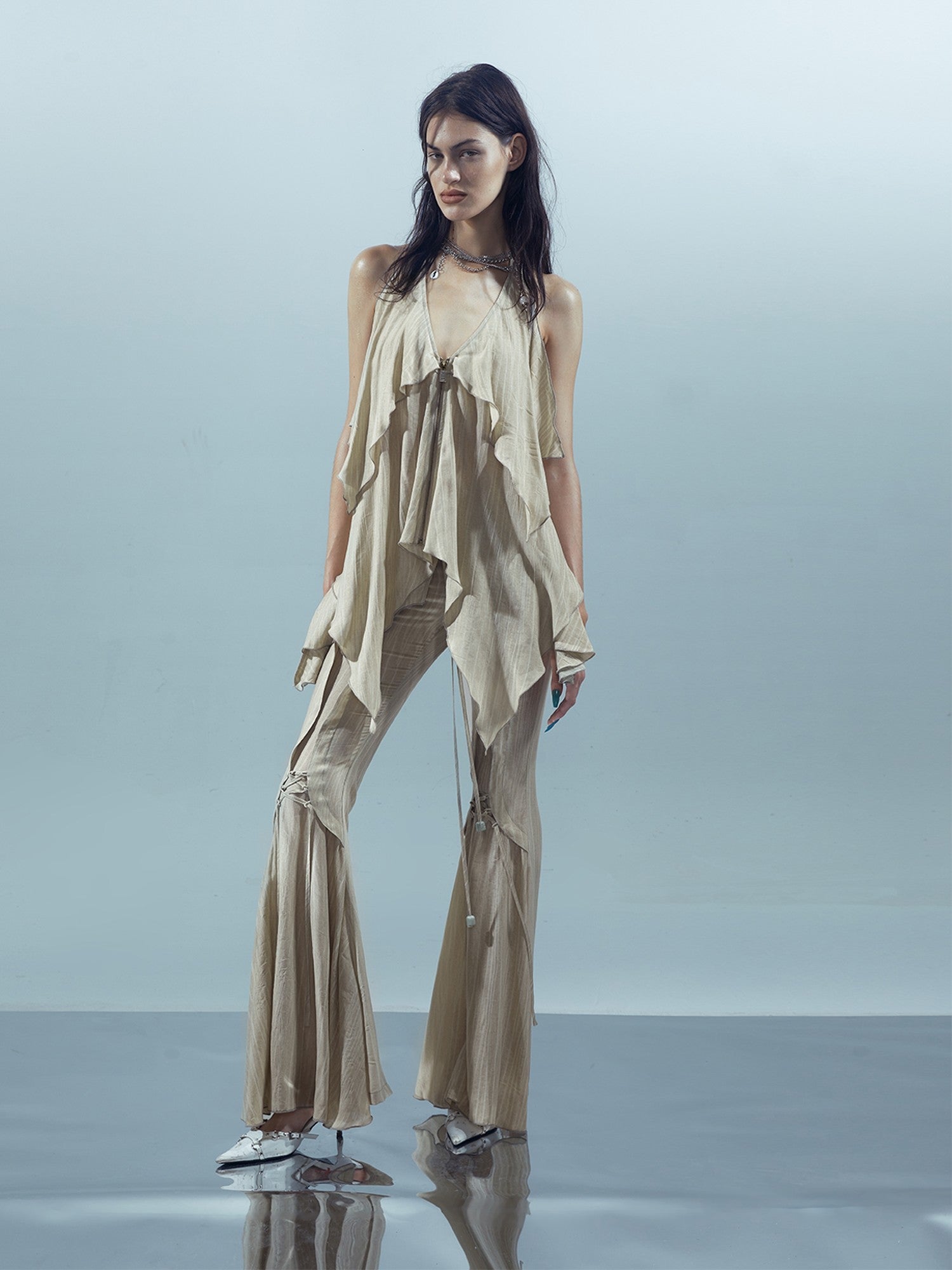 NORTH NODE Coffee Lace Tie Crotch Flap Slim Micro Flare Women&