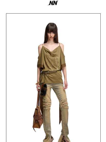 NORTH NODE Coffee Patchwork Print Strappy Women&