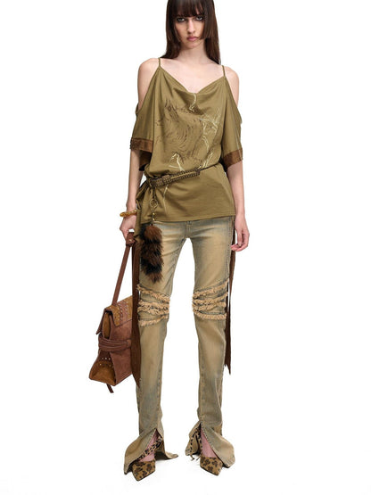 NORTH NODE Coffee Patchwork Print Strappy Women&
