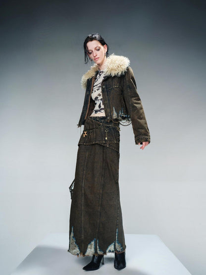 NORTH NODE Coffee Vintage Washed Distressed Ripped Denim Women&