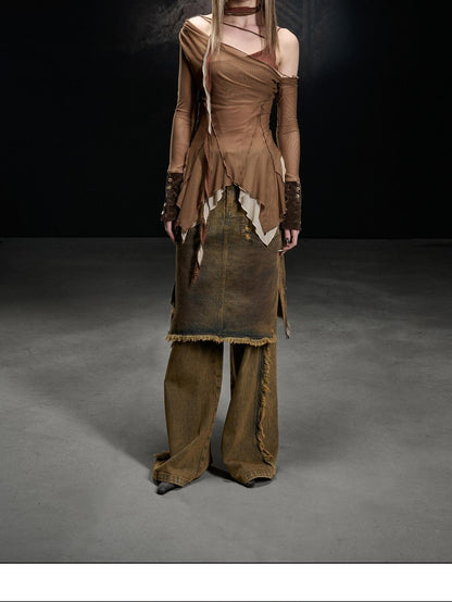 NORTH NODE Coffee Washed Wide Leg Pocket Button Fly Women&