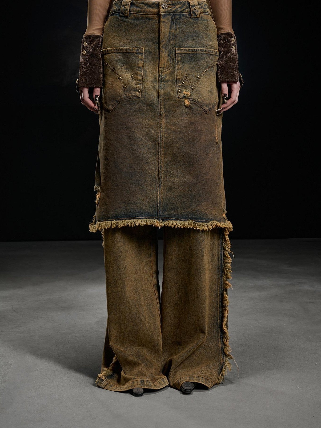 NORTH NODE Coffee Washed Wide Leg Pocket Button Fly Women&