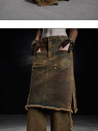 NORTH NODE Coffee Washed Wide Leg Pocket Button Fly Women&