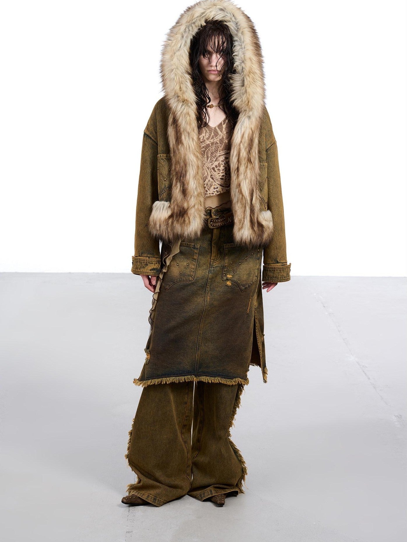 NORTH NODE Coffee Washed Wide Leg Pocket Button Fly Women&