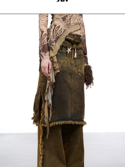 NORTH NODE Coffee Washed Wide Leg Pocket Button Fly Women&